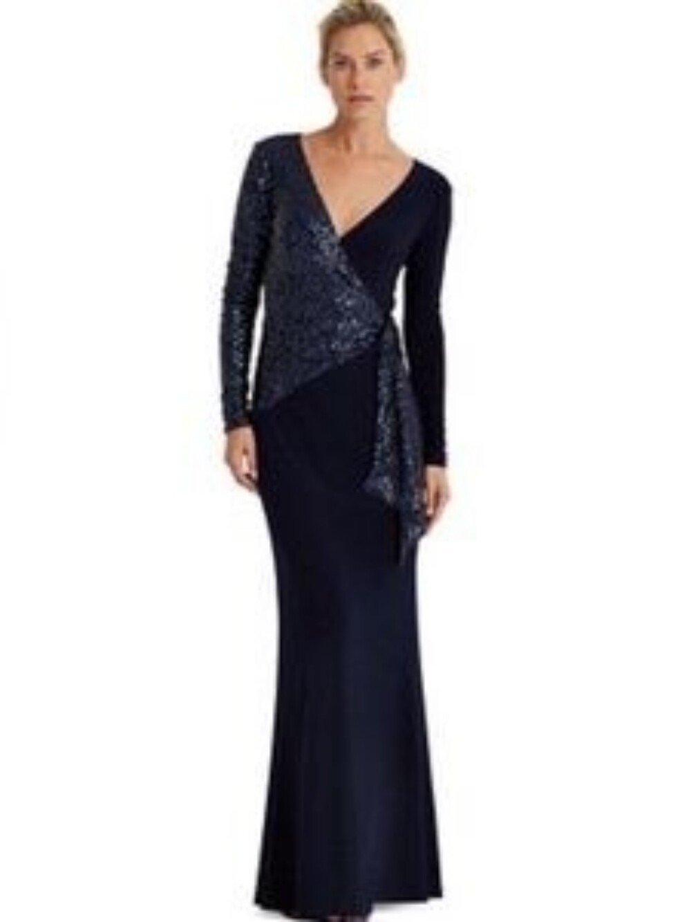 Sz 10 Lauren Ralph Lauren Navy Blue Jersey Wrap-Style Long Sleeve Gown Sequins
